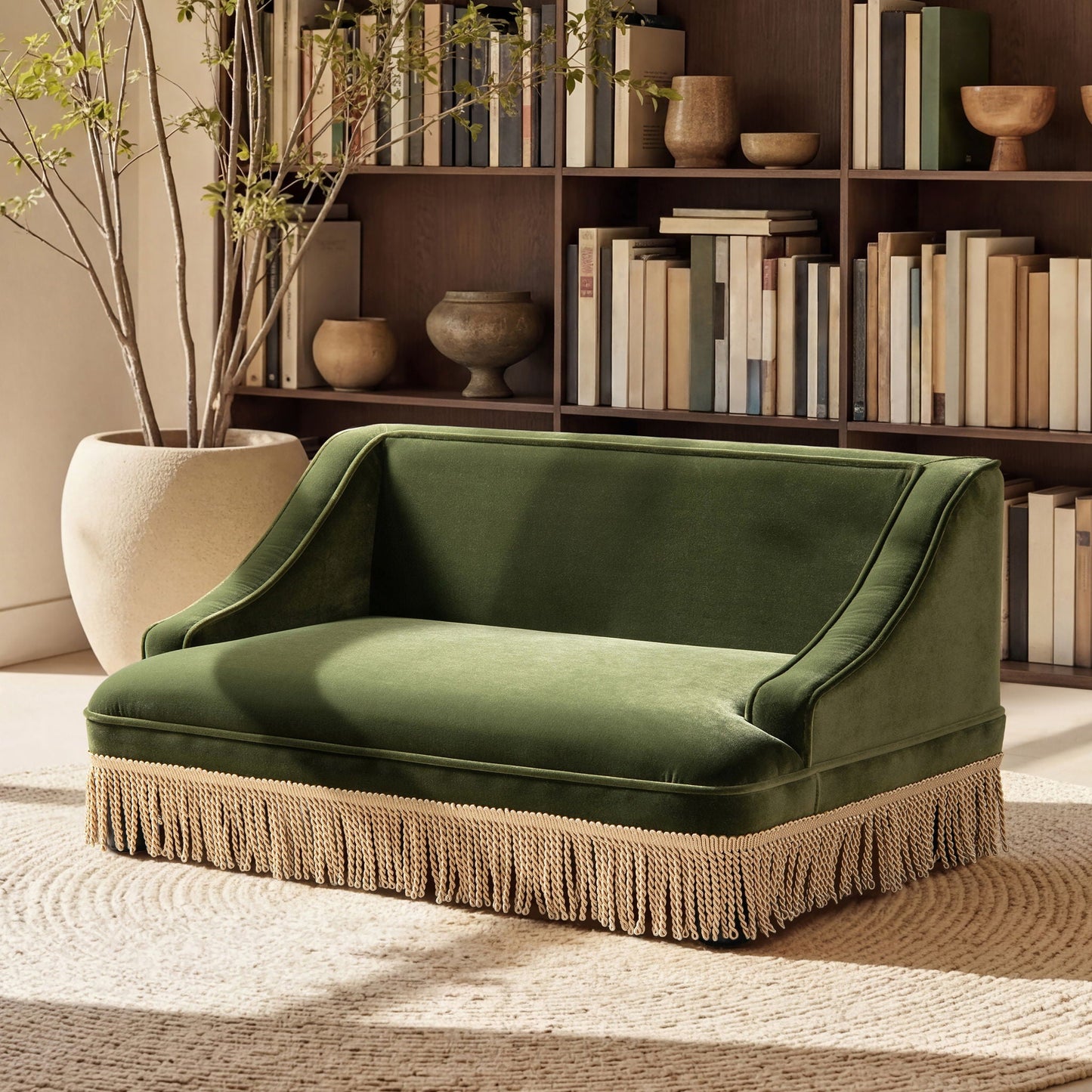 Duchess pet bed sofa in green velvet with beige fringe base HouseOfZazla on Tampa Home & Garden Store