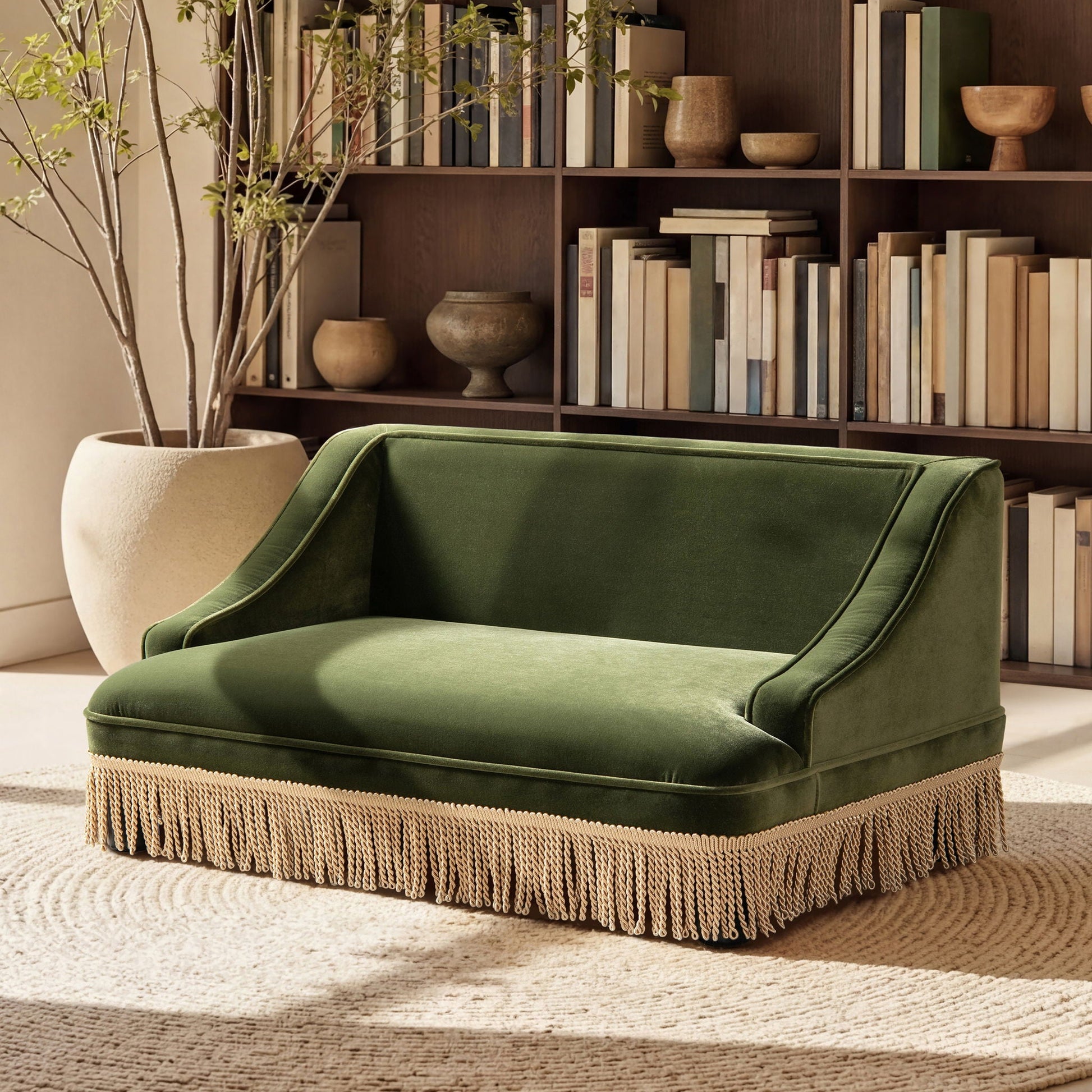 Duchess pet bed sofa in green velvet with beige fringe base HouseOfZazla on Tampa Home & Garden Store