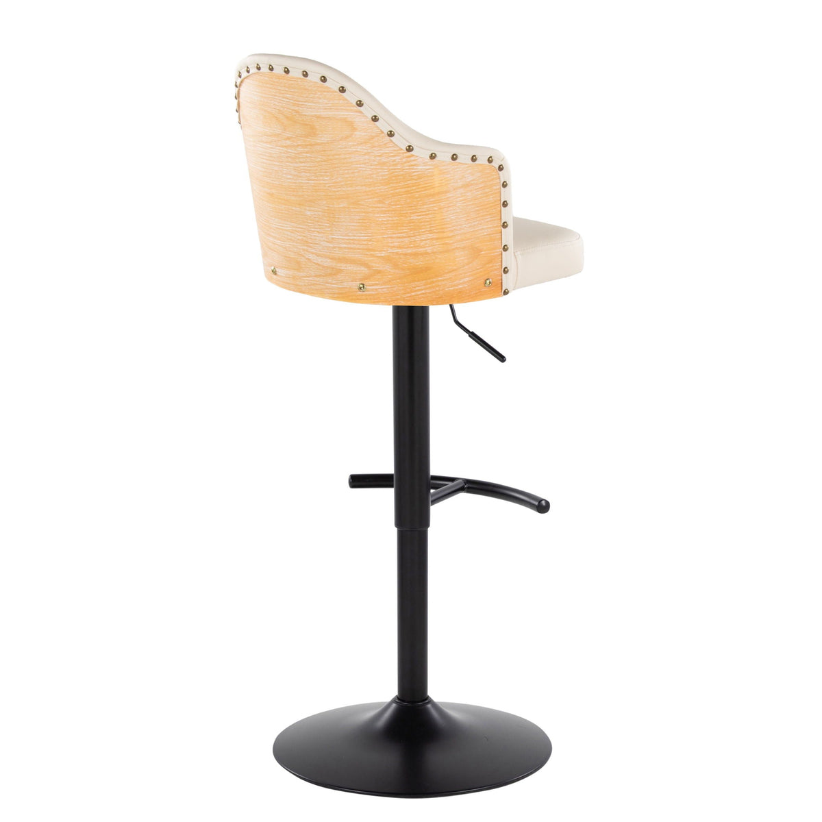 Contemporary adjustable barstool with wood back and beige upholstery, black pedestal base on Tampa Home & Garden Store