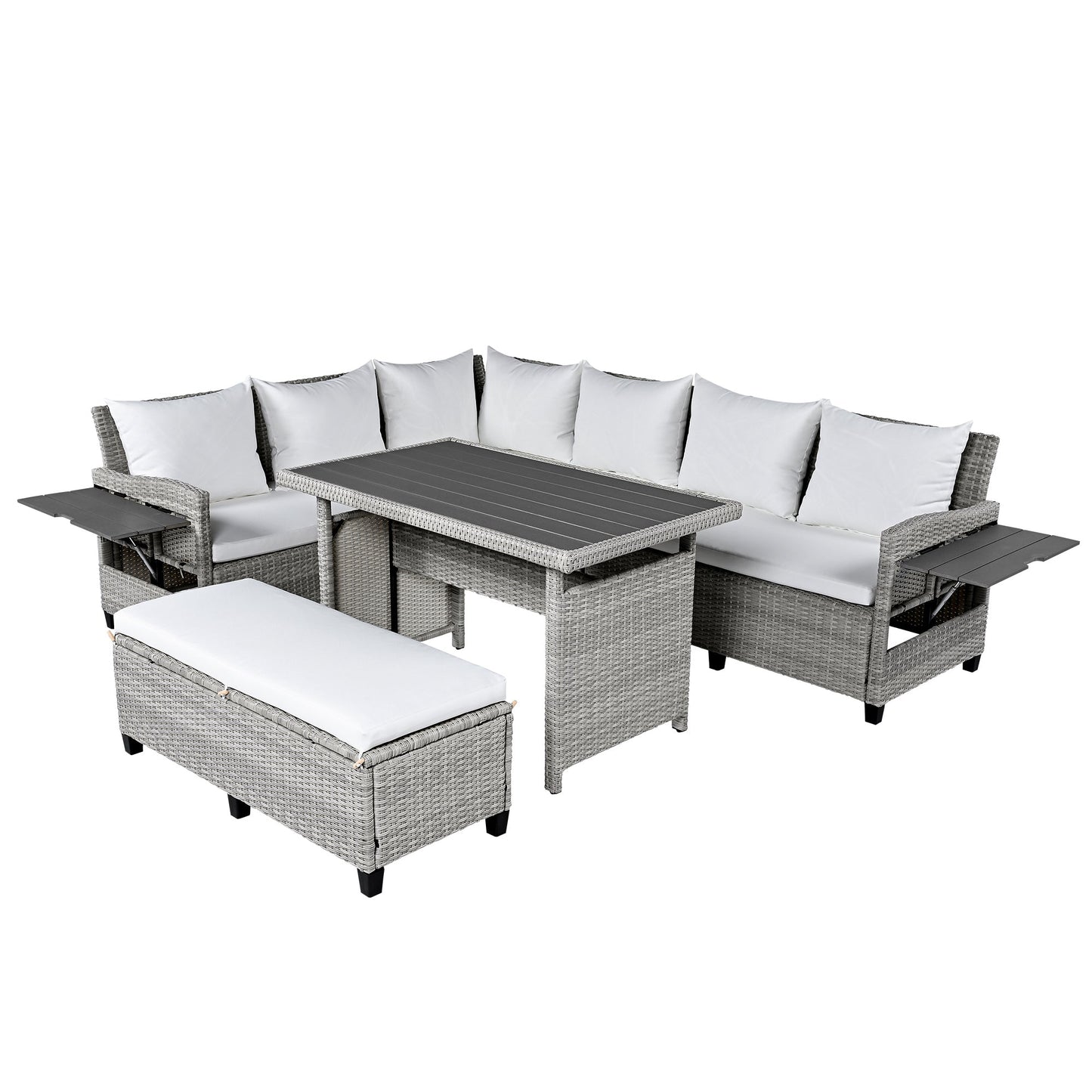 Tomax 5-Piece Outdoor Rattan Sofa Set gray wicker with white cushions and coffee table on Tampa Home & Garden Store