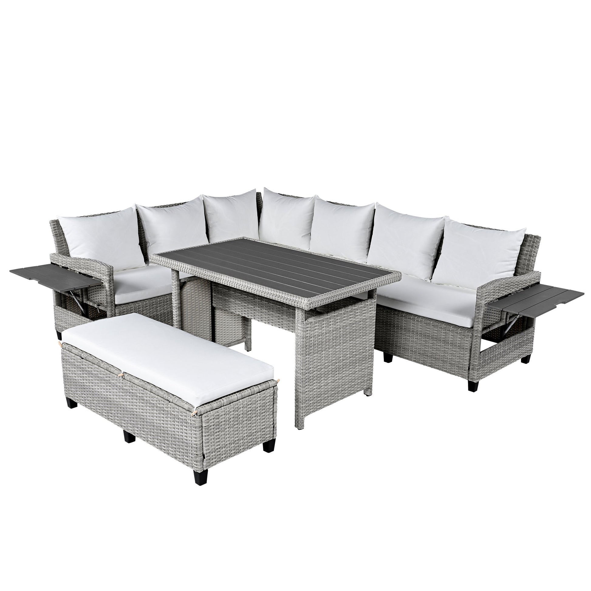 Tomax 5-Piece Outdoor Rattan Sofa Set gray wicker with white cushions and coffee table on Tampa Home & Garden Store