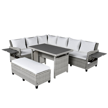 Tomax 5-Piece Outdoor Rattan Sofa Set gray wicker with white cushions and coffee table on Tampa Home & Garden Store