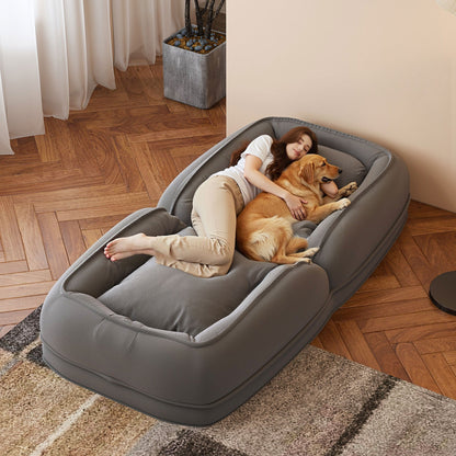 Upholstered human dog bed for adults and pets by HouseOfZazla in gray fabric; bean bag sofa with woman and dog on Tampa Home & Garden Store