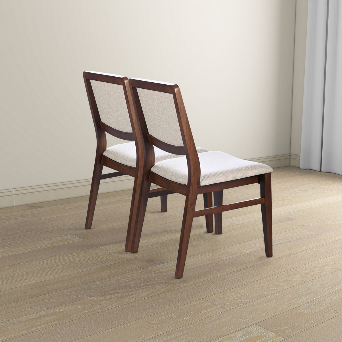 Beige linen dining chairs set of 2 with padded seats and dark wooden frames on Tampa Home & Garden Store