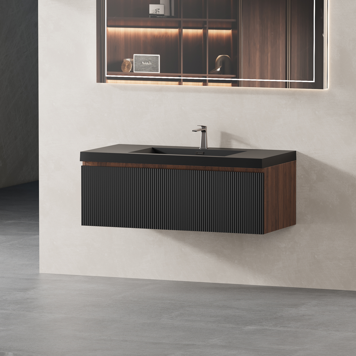 42-inch floating bathroom vanity with sink and striped front; dark wood sides, HouseOfZazla on Tampa Home & Garden Store