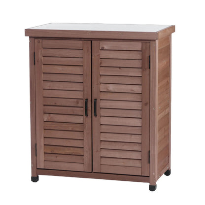 Potting bench with storage cabinet, brown wood slats and metal top outdoor storage table on Tampa Home & Garden Store