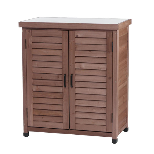 Potting bench with storage cabinet, brown wood slats and metal top outdoor storage table on Tampa Home & Garden Store