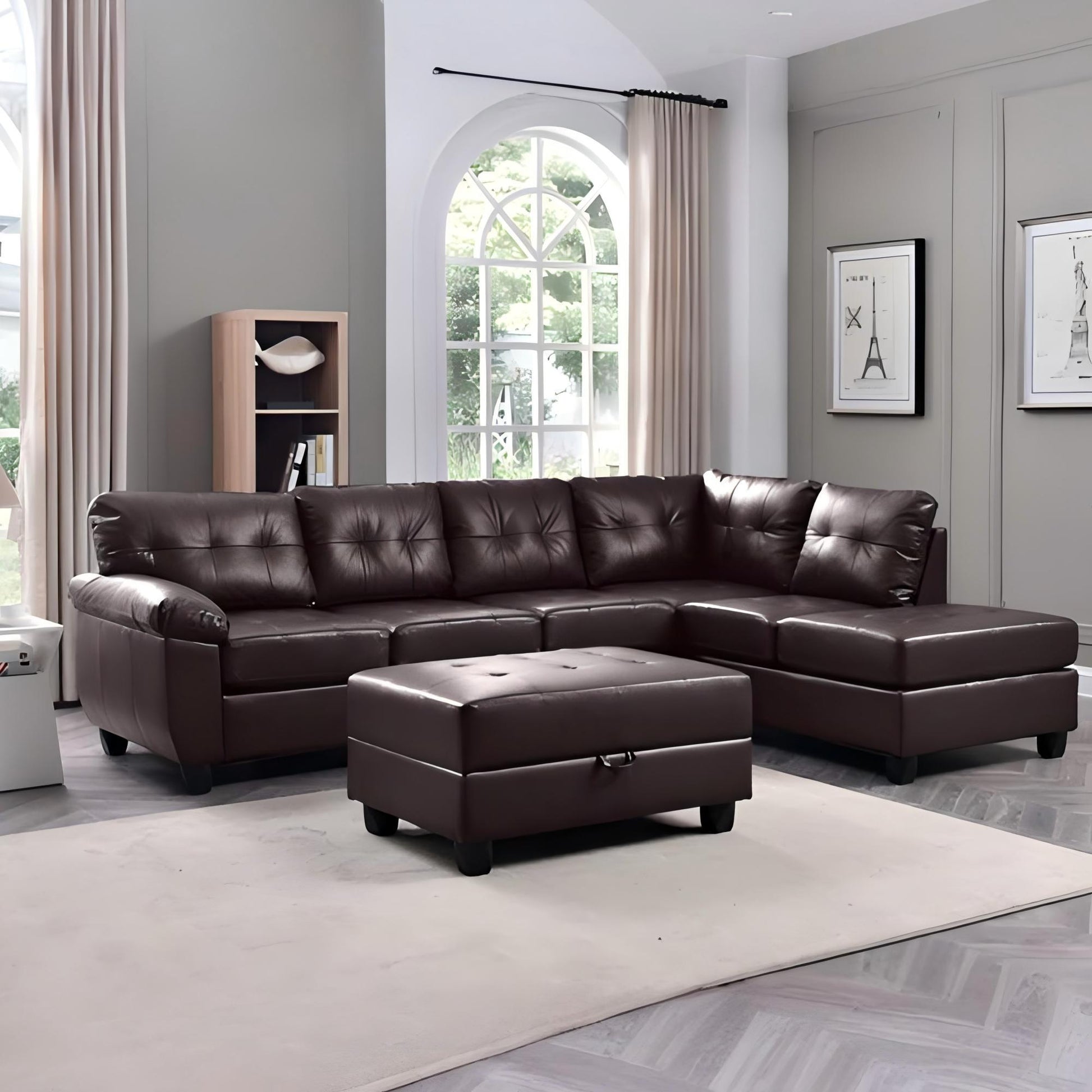 Gallant stationary sectional in dark brown leather with matching ottoman on Tampa Home & Garden Store