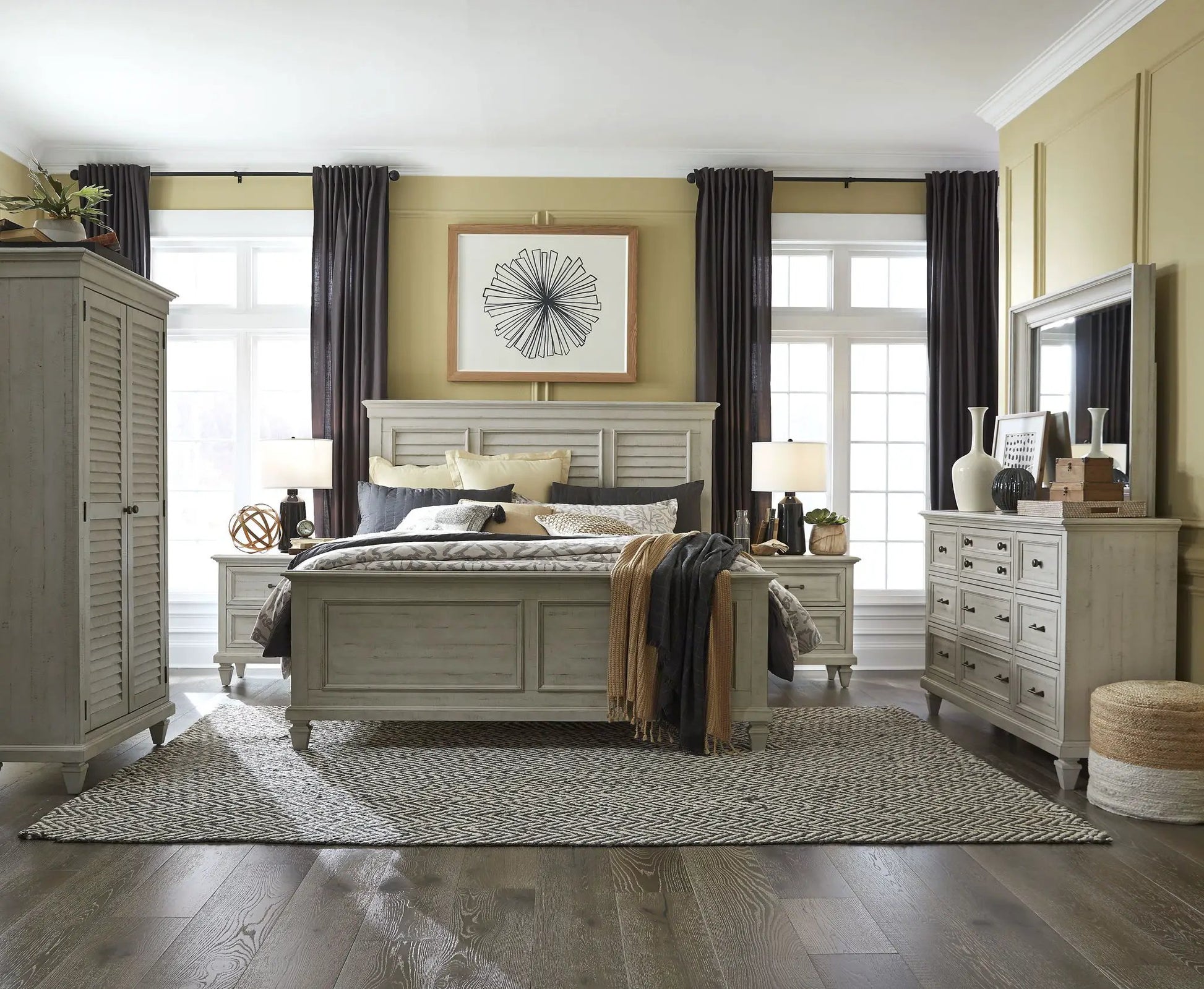 Newport alabaster drawer nightstand by Unique Piece Furniture in a distressed white finish on Tampa Home & Garden Store