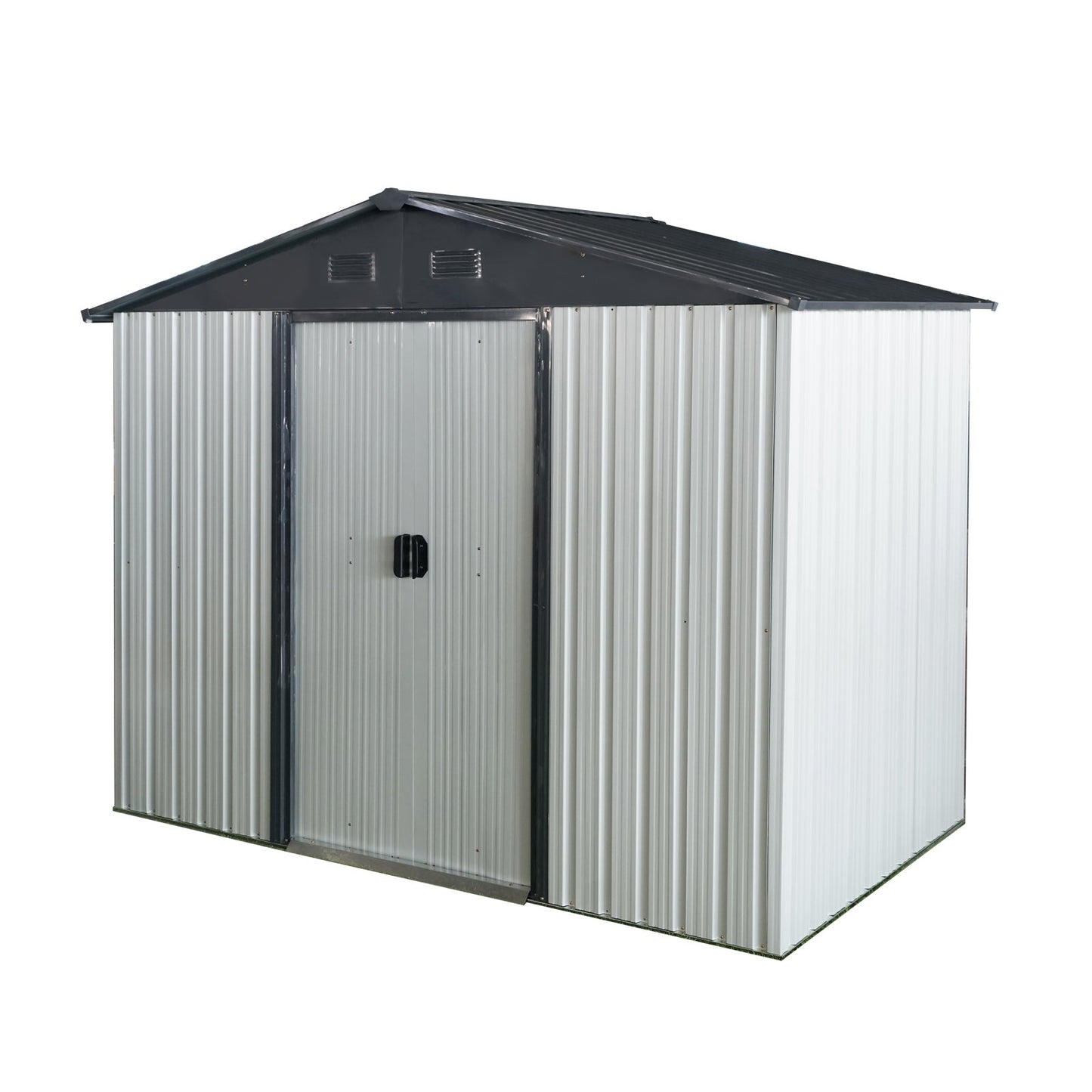 8ft x 4ft outdoor metal storage shed HouseOfZazla, silver panels with dark roof, double doors on Tampa Home & Garden Store