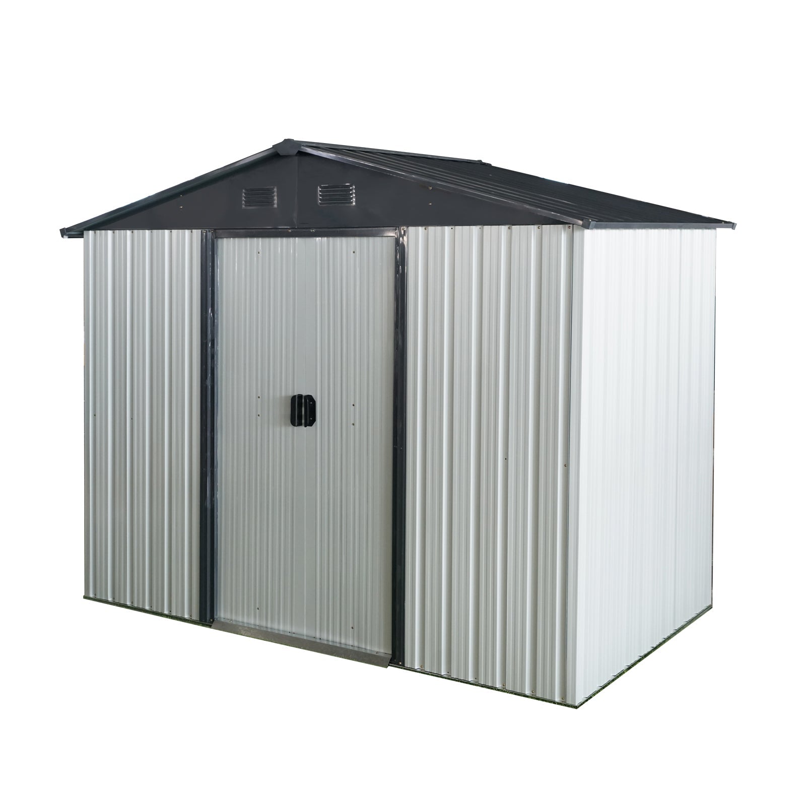8ft x 4ft outdoor metal storage shed HouseOfZazla, silver panels with dark roof, double doors on Tampa Home & Garden Store