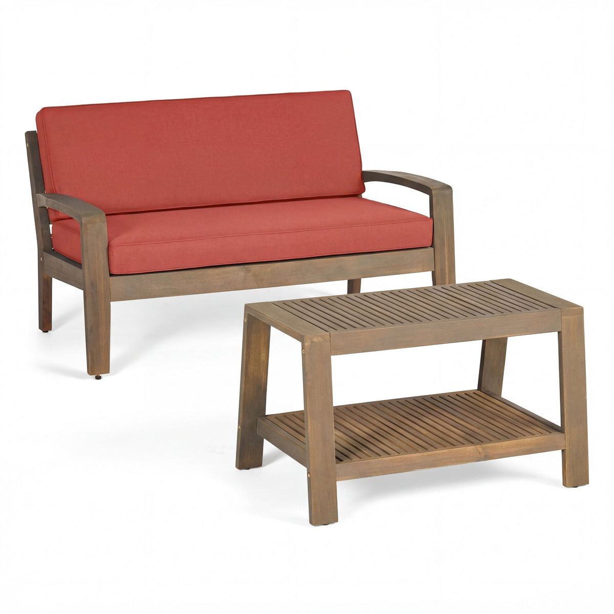 2 Piece Outdoor Conversation Set loveseat & coffee table with red cushions, wooden frame on Tampa Home & Garden Store