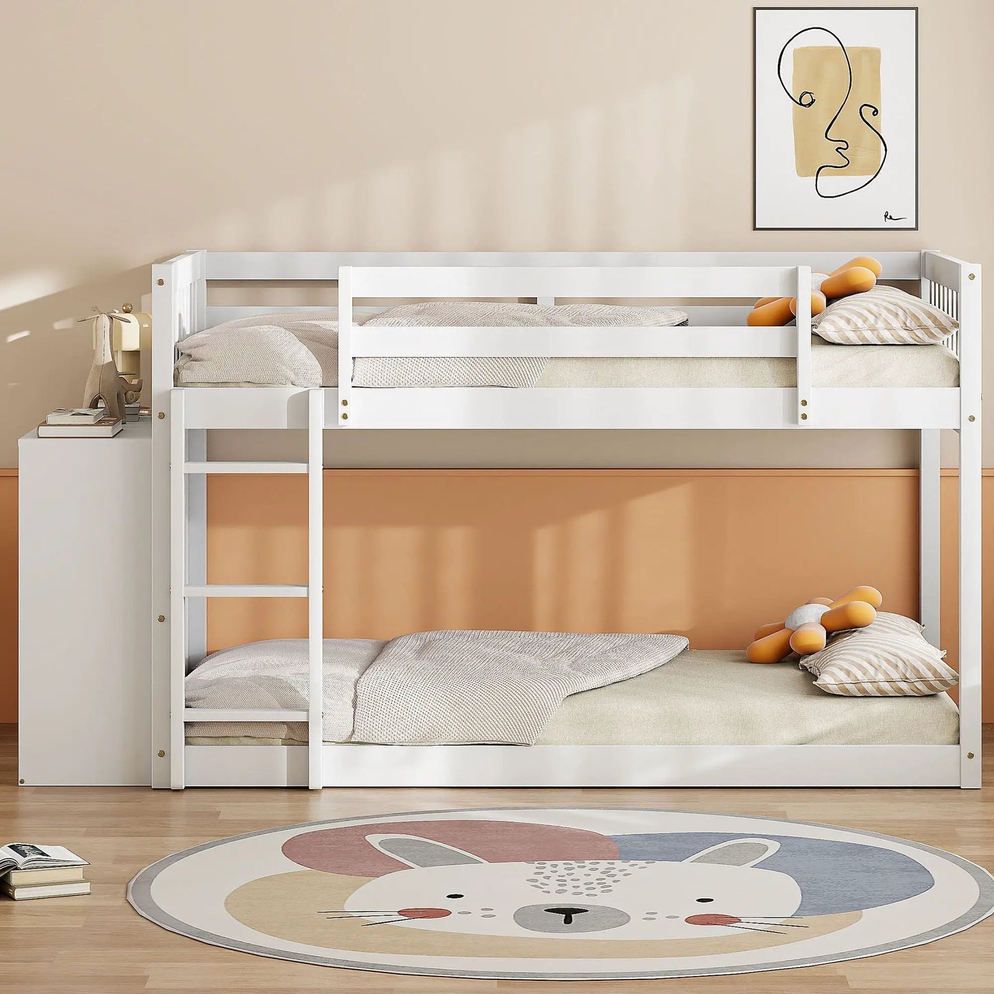 Bunk Bed With Four Drawers and Three Shelves