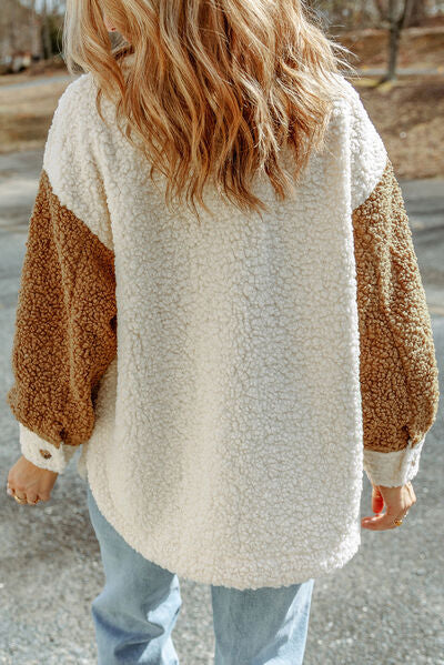 Stevvex women sherpa jacket cream body brown color-block sleeves back view on Tampa Home & Garden Store