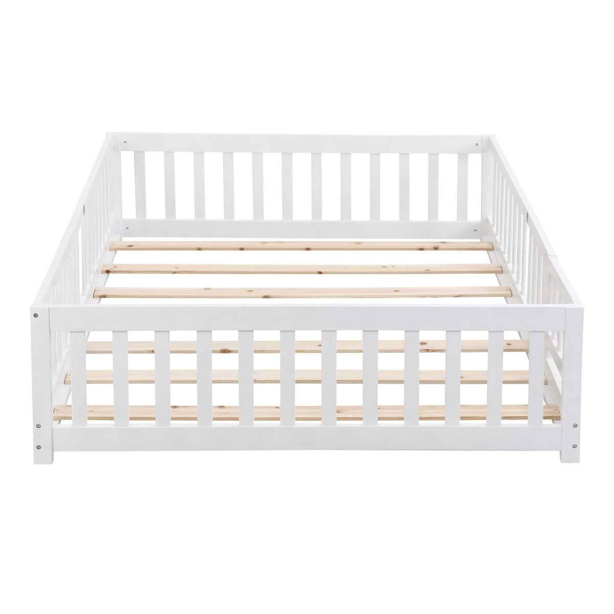 White solid wood platform bed frame with slats and natural wood base for kids on Tampa Home & Garden Store