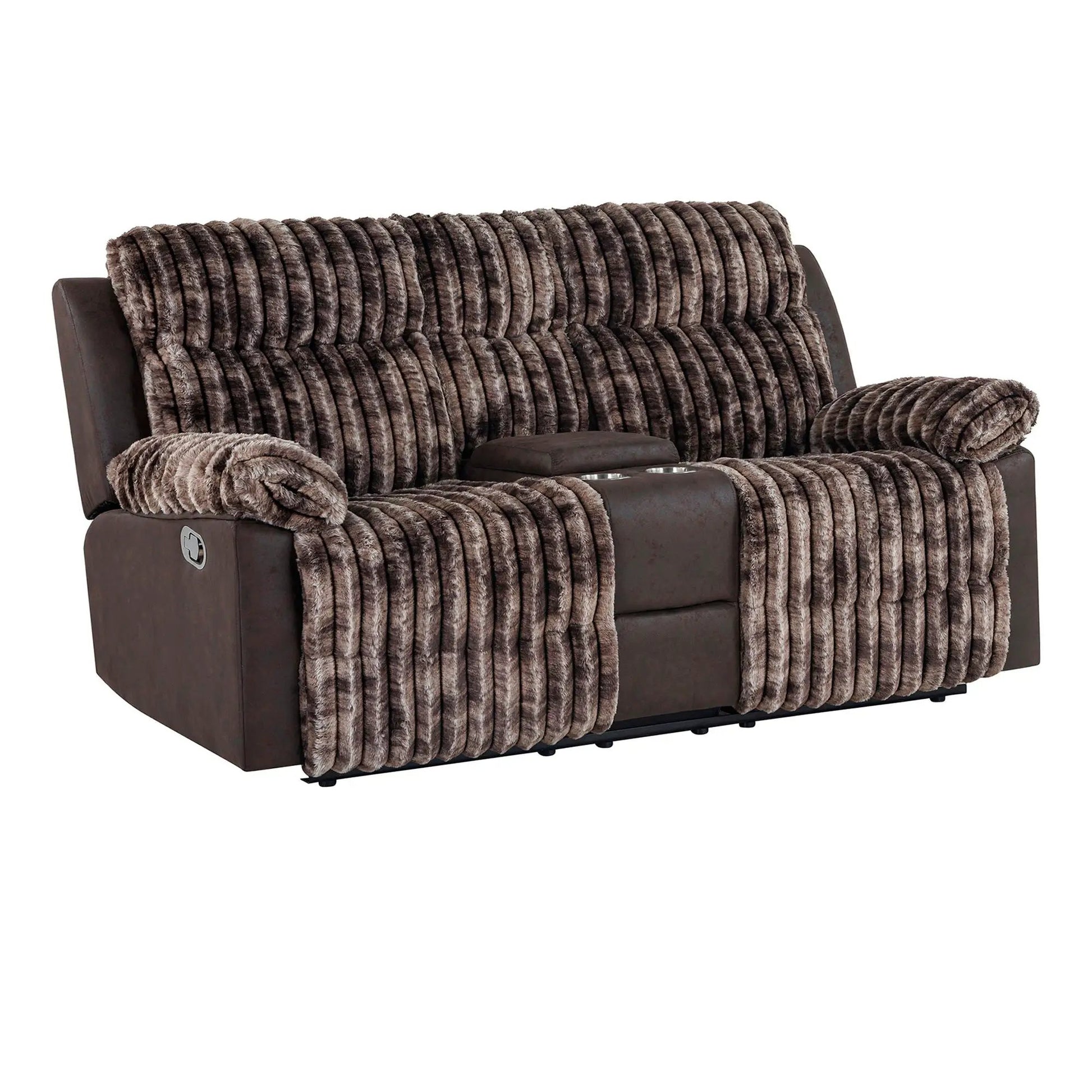 Bruni console reclining loveseat with manual recline by Unique Piece Furniture, plush brown fur on Tampa Home & Garden Store