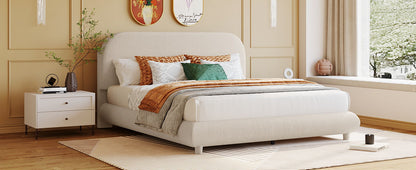 Upholstered platform bed with thick solid frame and curve-shaped headboard in beige fabric on Tampa Home & Garden Store