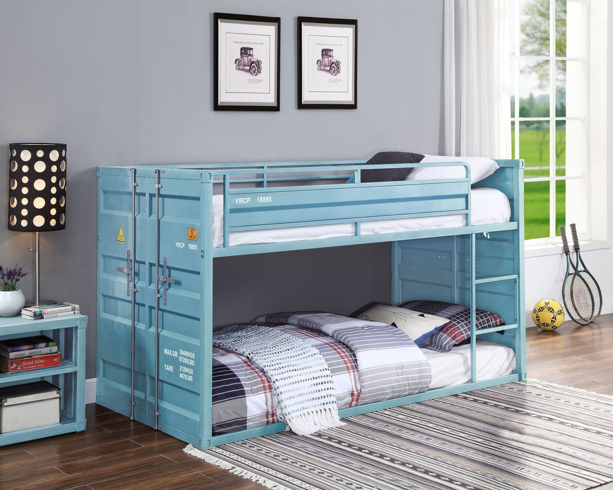 Cargo Twin Over Twin Bunk Bed blue metal frame by HouseOfZazla with white bedding on Tampa Home & Garden Store