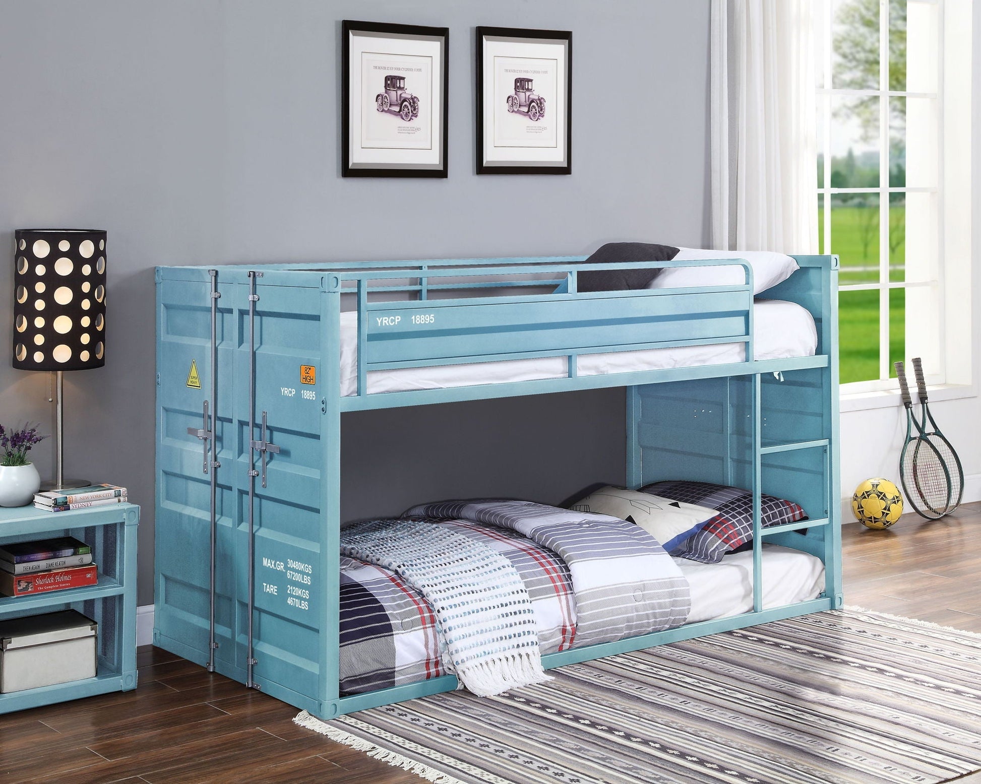 Cargo Twin Over Twin Bunk Bed blue metal frame by HouseOfZazla with white bedding on Tampa Home & Garden Store