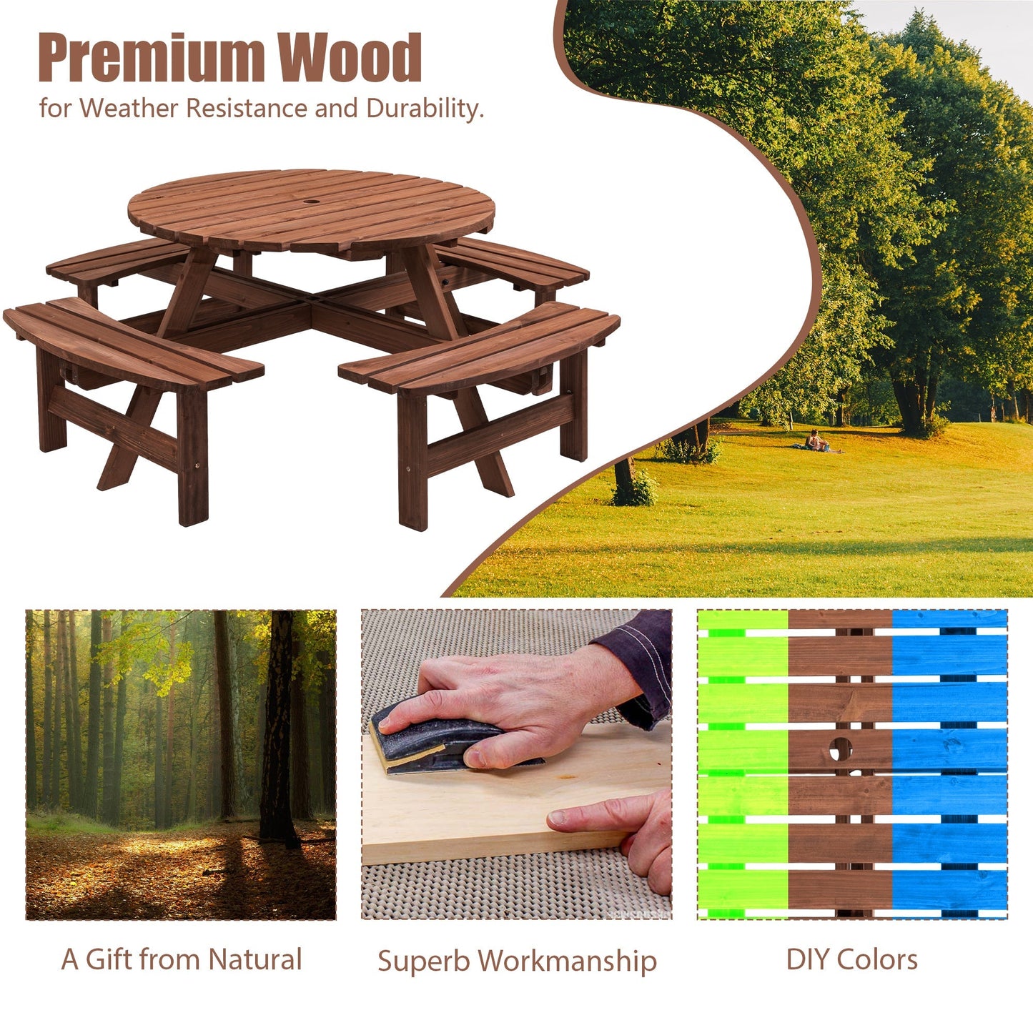 8-person wooden picnic table with benches, brown outdoor dining set HouseOfZazla on Tampa Home & Garden Store