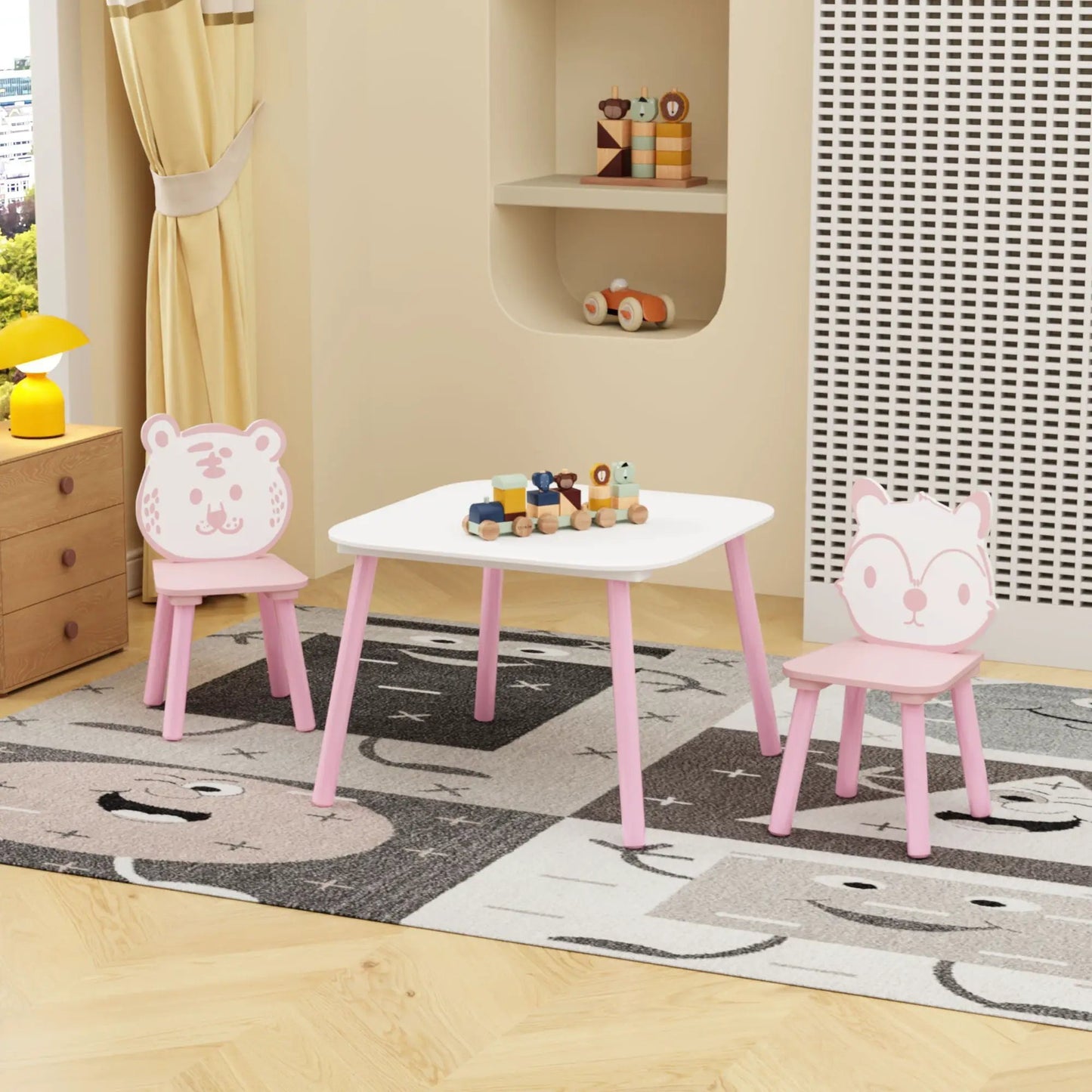 Table And Chair Set 3pc Pink White Toddler Desk With Animal Backrest Unique Piece Furniture on Tampa Home & Garden Store