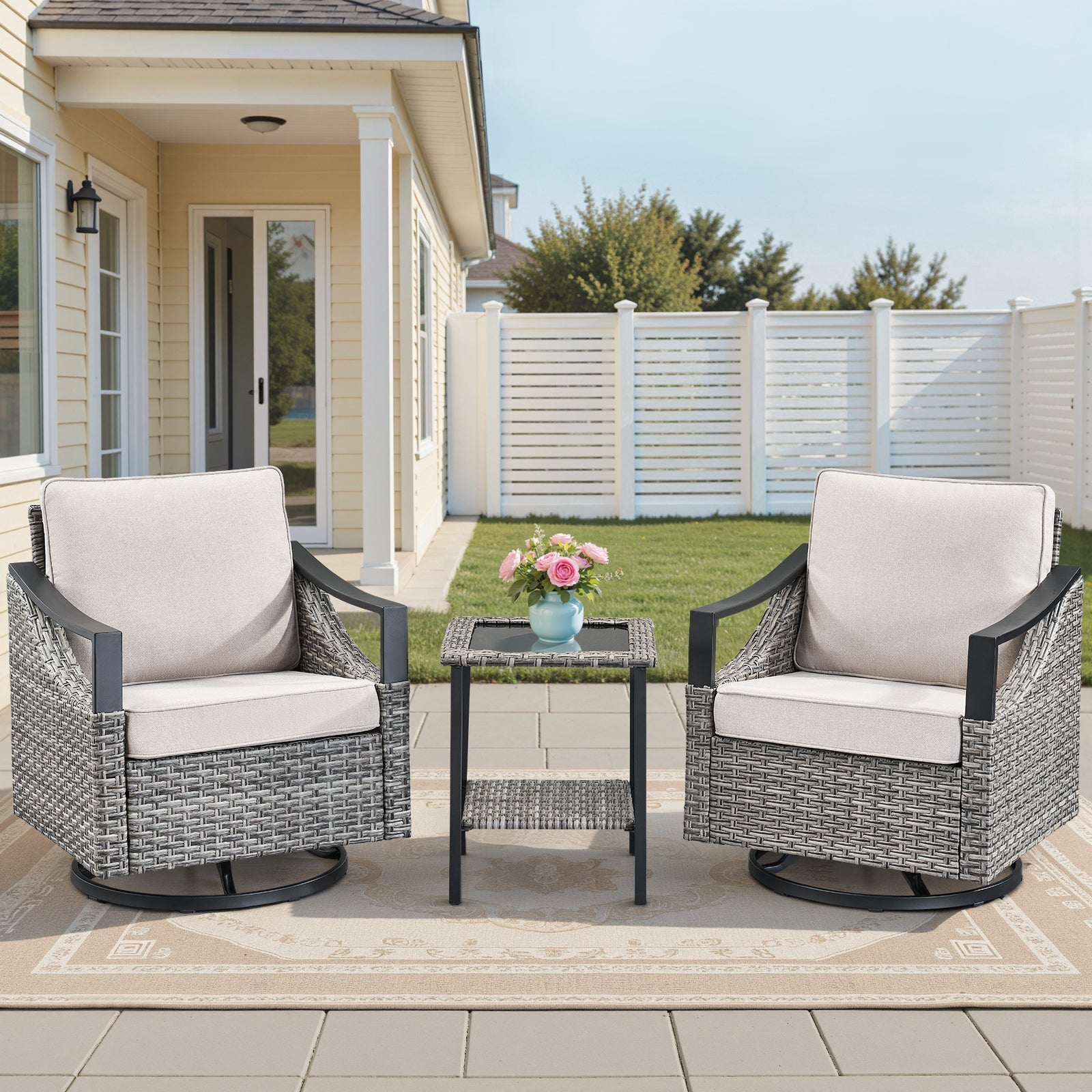 3-Piece Outdoor Conversation Set with two Swivel Chairs, gray wicker frames, glass-top table HouseOfZazla on Tampa Home & Garden Store