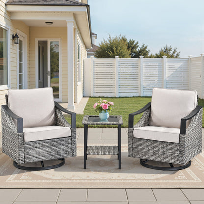 3-Piece Outdoor Conversation Set with two Swivel Chairs, gray wicker frames, glass-top table HouseOfZazla on Tampa Home & Garden Store