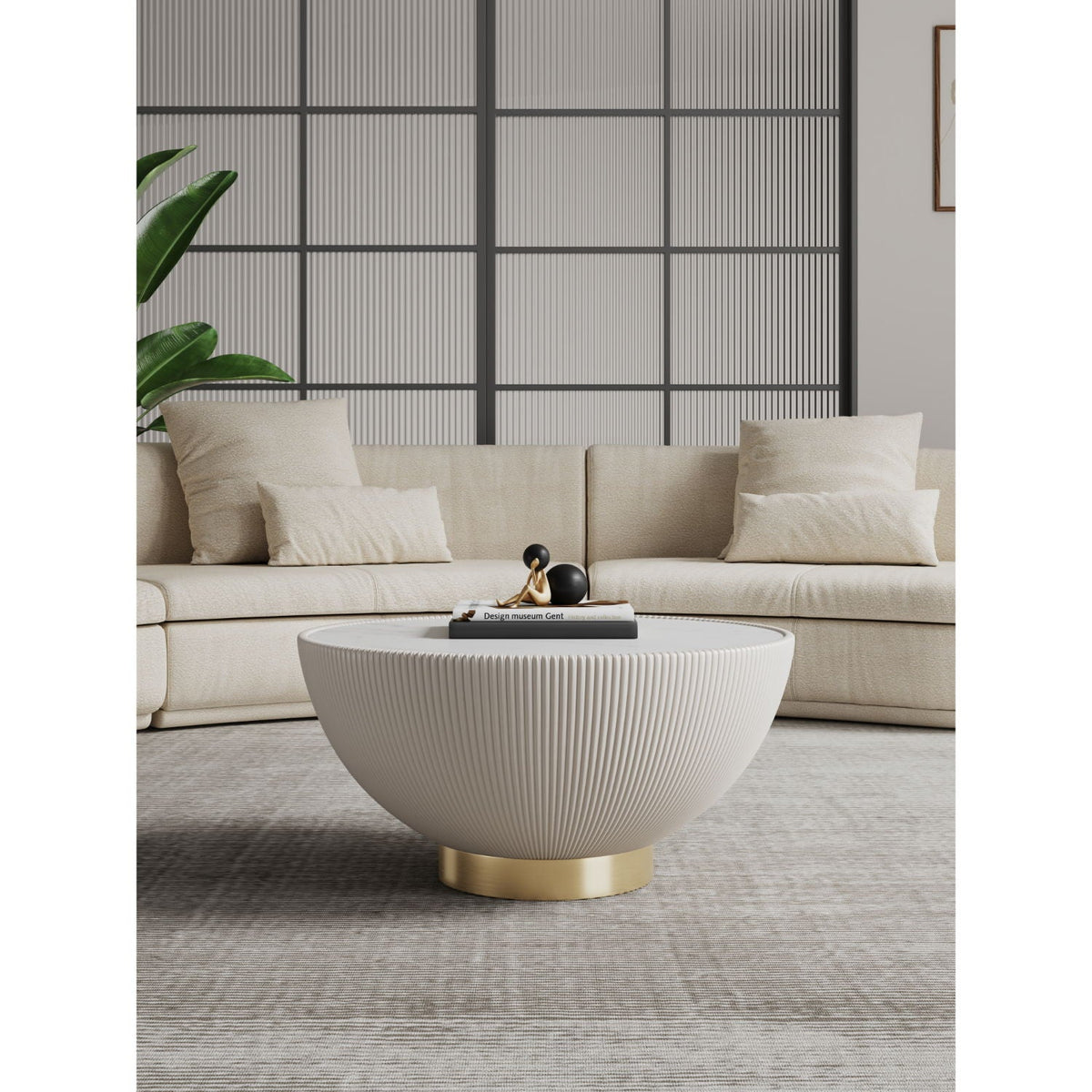 Anderson Coffee Table with Sintered Stone Top by HouseOfZazla; ribbed white base, brass pedestal on Tampa Home & Garden Store