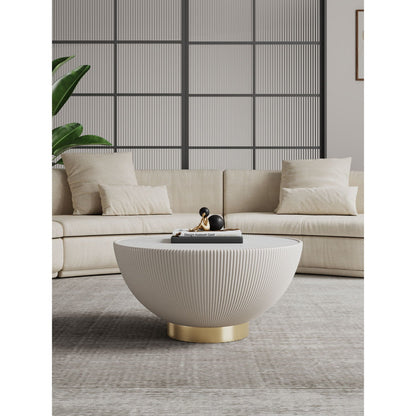 Anderson Coffee Table with Sintered Stone Top by HouseOfZazla; ribbed white base, brass pedestal on Tampa Home & Garden Store