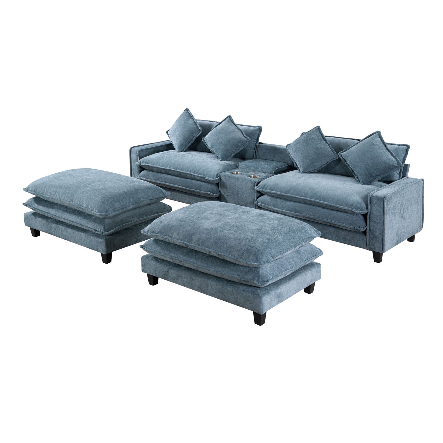 Blue modern sectional sofa with removable ottomans and USB ports, HouseOfZazla 3-piece set on Tampa Home & Garden Store