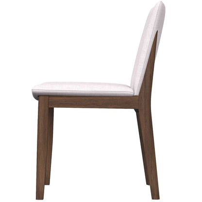 Pair of mid-century modern solid wood dining chairs with beige fabric and dark legs on Tampa Home & Garden Store