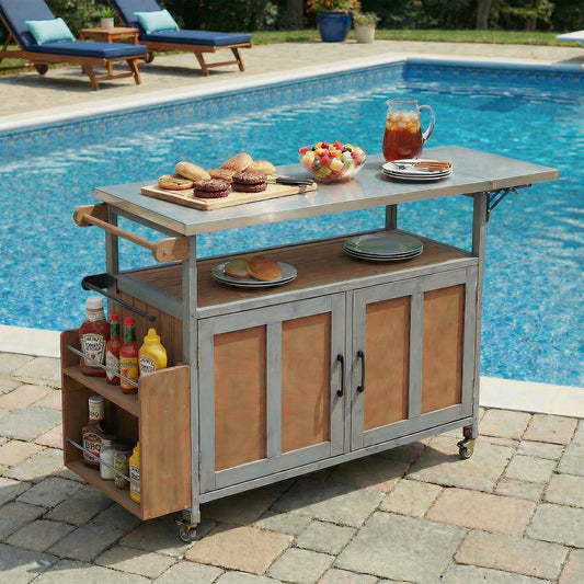 Foldable outdoor kitchen island cart HouseOfZazla stainless steel with wood panels on Tampa Home & Garden Store