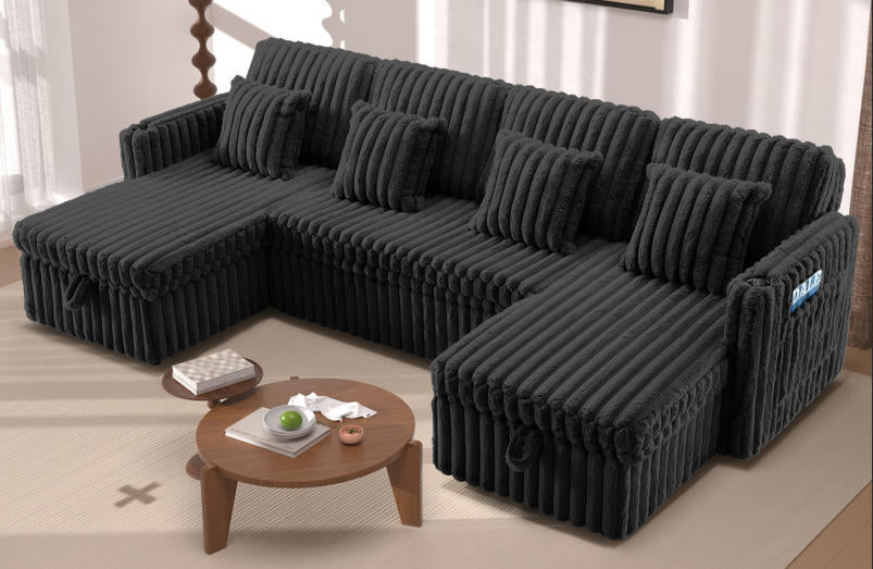 U Shaped Plush Corduroy Sleeper Sectional in black with tufted cushions, HouseOfZazla on Tampa Home & Garden Store