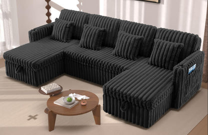 U Shaped Plush Corduroy Sleeper Sectional in black with tufted cushions, HouseOfZazla on Tampa Home & Garden Store