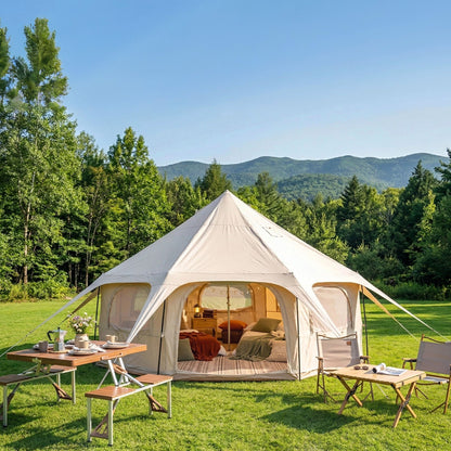 600D Oxford Bell Tent 14.8ft*9.2ft beige canvas with stove jack set up in grassy campsite on Tampa Home & Garden Store
