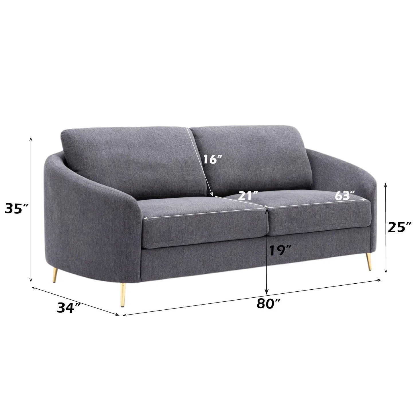 Gray linen sofa, stationary by Unique Piece Furniture with gold legs, 80 in wide on Tampa Home & Garden Store