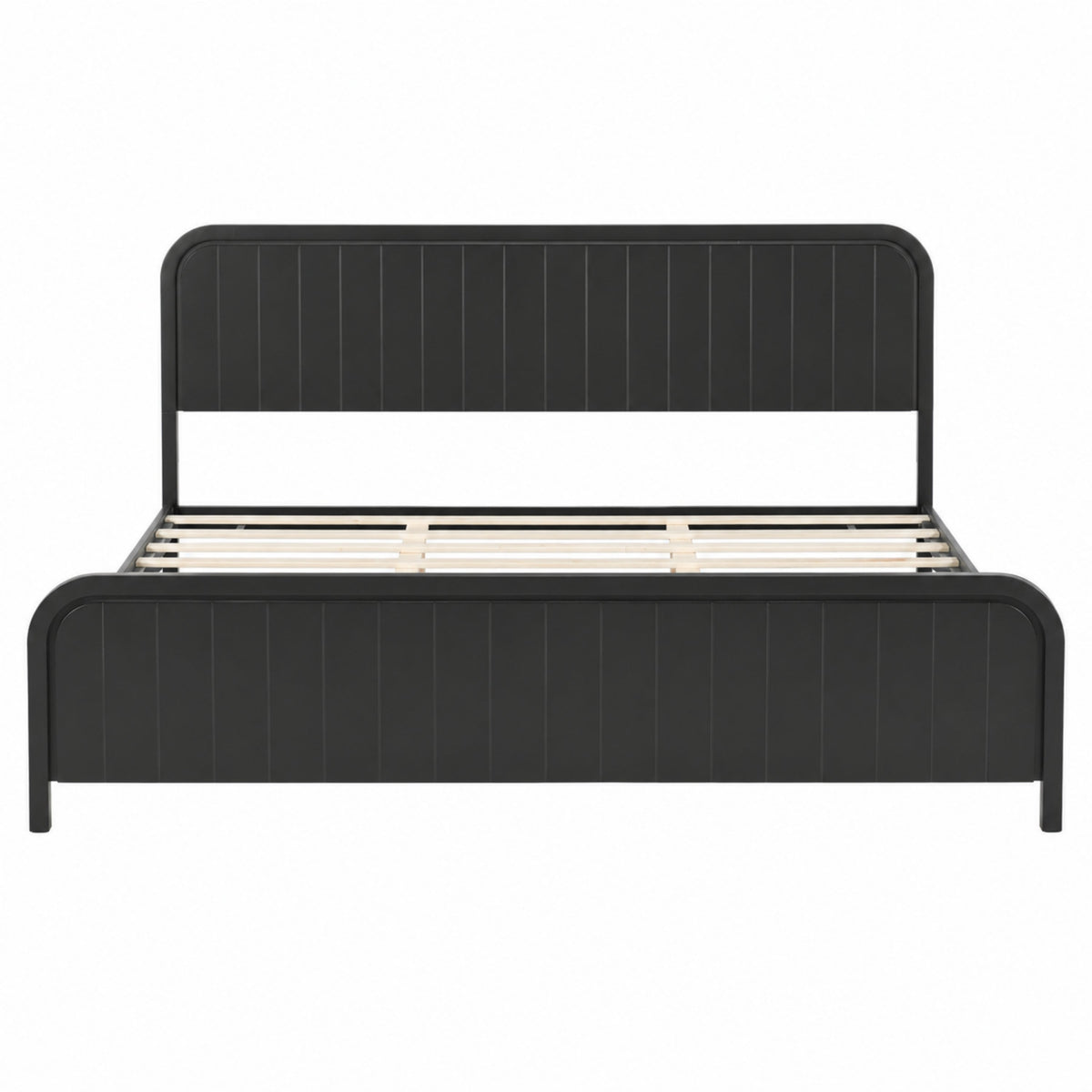 King bed frame with headboard in black metal, vertical panels, wood slat base, HouseOfZazla on Tampa Home & Garden Store