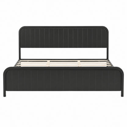 King bed frame with headboard in black metal, vertical panels, wood slat base, HouseOfZazla on Tampa Home & Garden Store