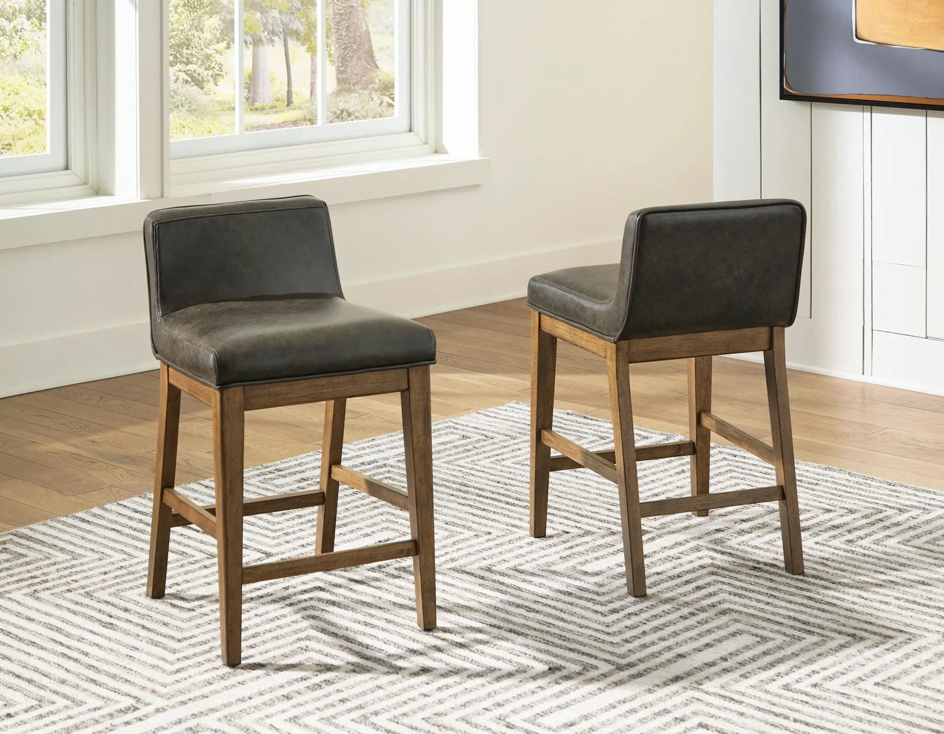 Cabalynn upholstered barstools, set of 2, two-tone brown leather seats with wood legs on Tampa Home & Garden Store