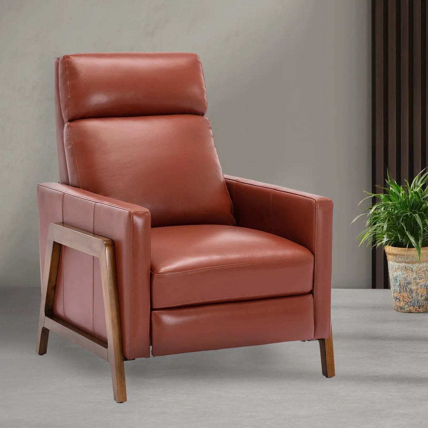 Richland Push Back Recliner Chair rust leather with wooden legs on Tampa Home & Garden Store