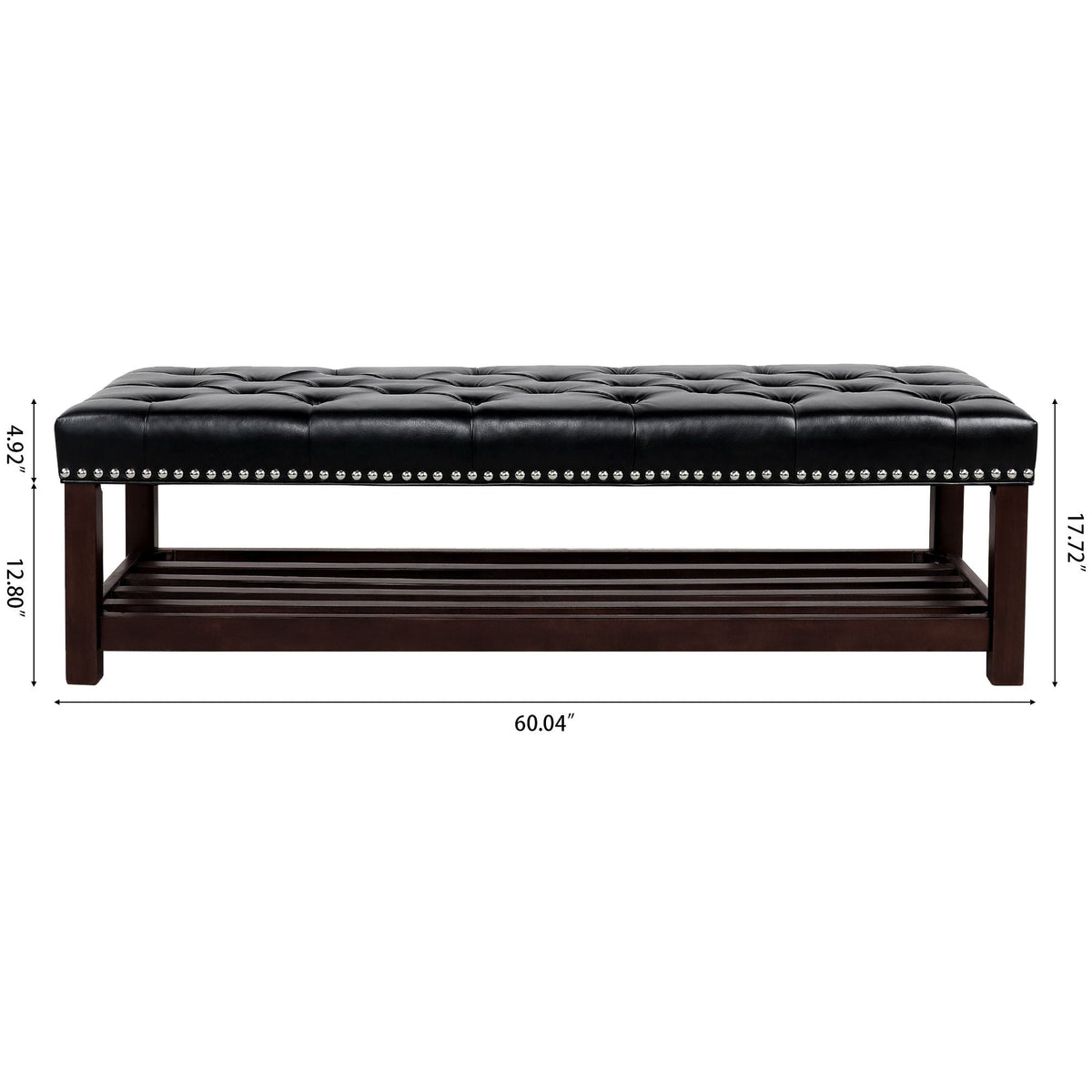 Tufted end bench in black faux leather with nailhead trim and dark wood legs on Tampa Home & Garden Store