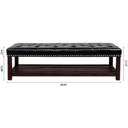Tufted end bench in black faux leather with nailhead trim and dark wood legs on Tampa Home & Garden Store