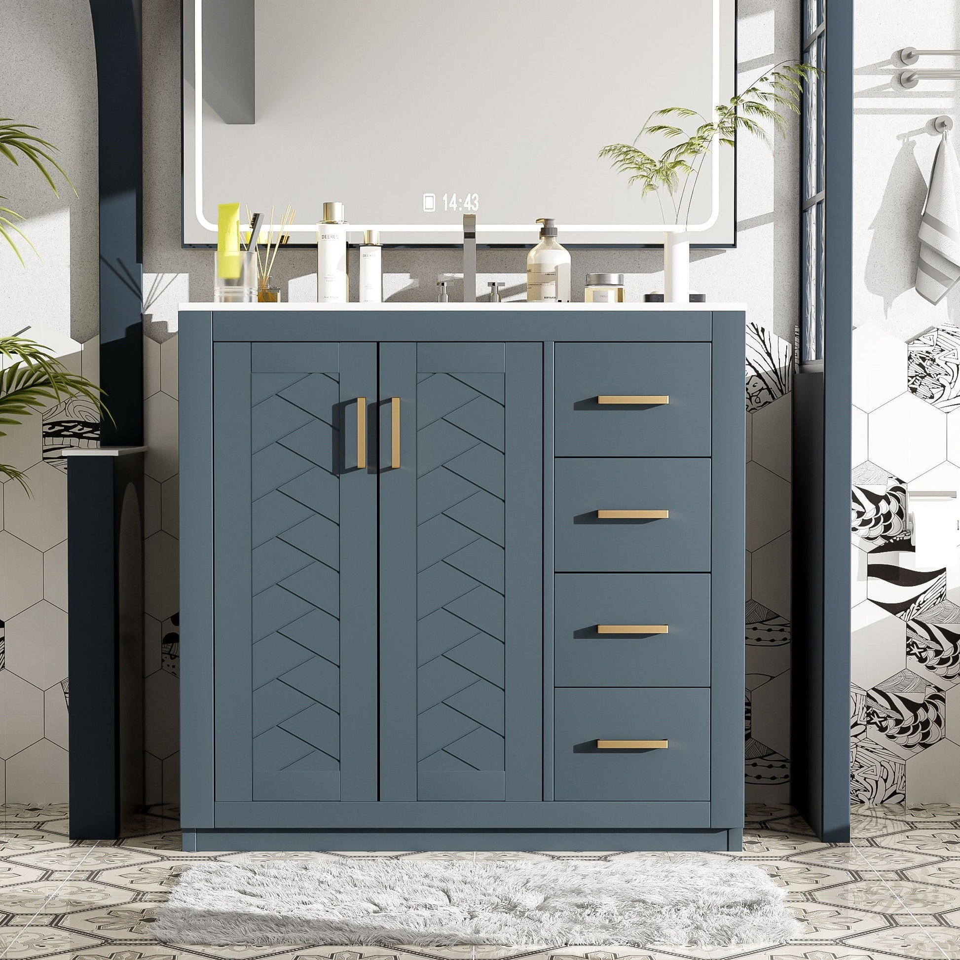 Bathroom vanity with sink by HouseOfZazla blue cabinetry with chevron doors and 3 drawers on Tampa Home & Garden Store