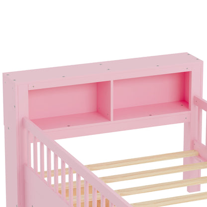 Pink storage bed with headboard rack, 2 underbed drawers and 3 side guardrails, wooden slat base on Tampa Home & Garden Store
