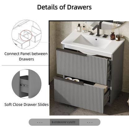 Fluted bathroom vanity with ceramic sink, gray ribbed drawers, matte black faucet HouseOfZazla on Tampa Home & Garden Store