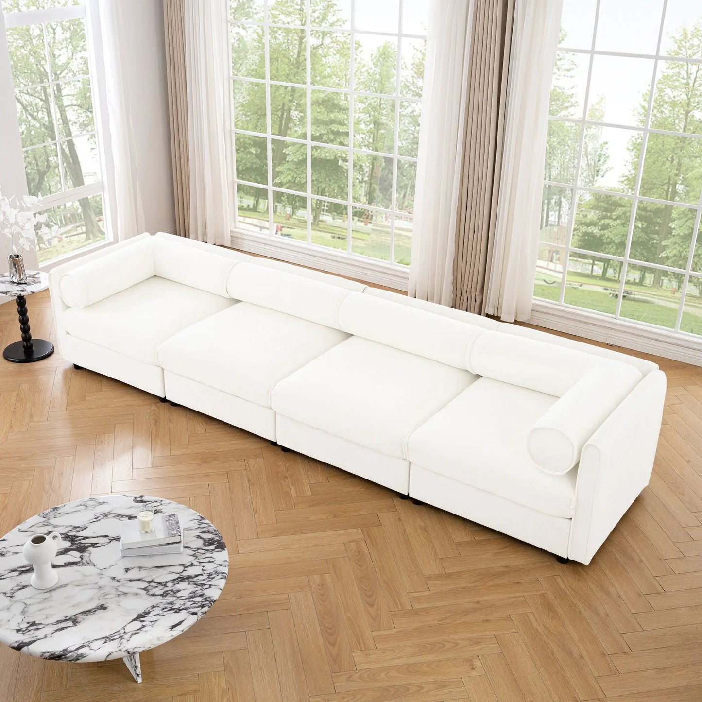 Stylish sofa with storage seat and cylindrical backrest by Unique Piece Furniture in bright living room on Tampa Home & Garden Store