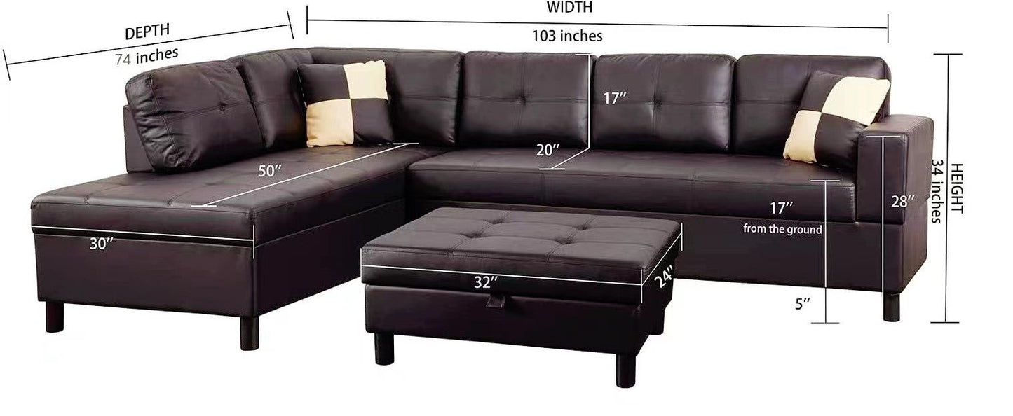 3-Pc Brown Faux Leather Sectional Sofa Set with left-facing chaise by HouseOfZazla on Tampa Home & Garden Store