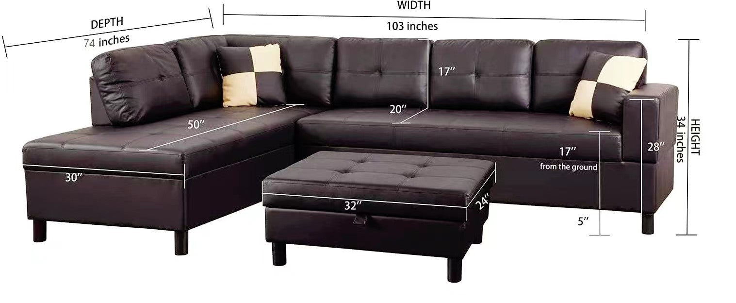 3-Pc Brown Faux Leather Sectional Sofa Set with left-facing chaise by HouseOfZazla on Tampa Home & Garden Store
