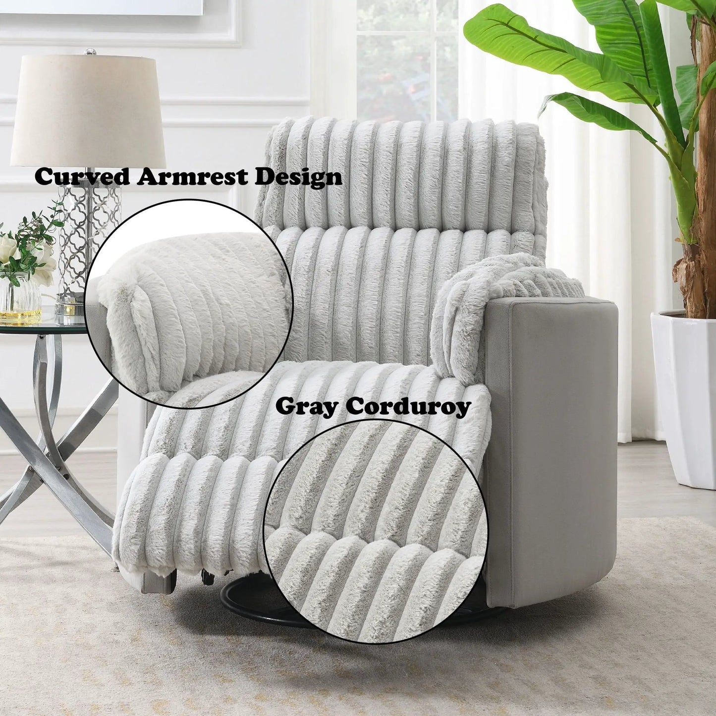 Emee Corduroy Glider Recliner with Swivel - Gray fabric by Unique Piece Furniture on Tampa Home & Garden Store