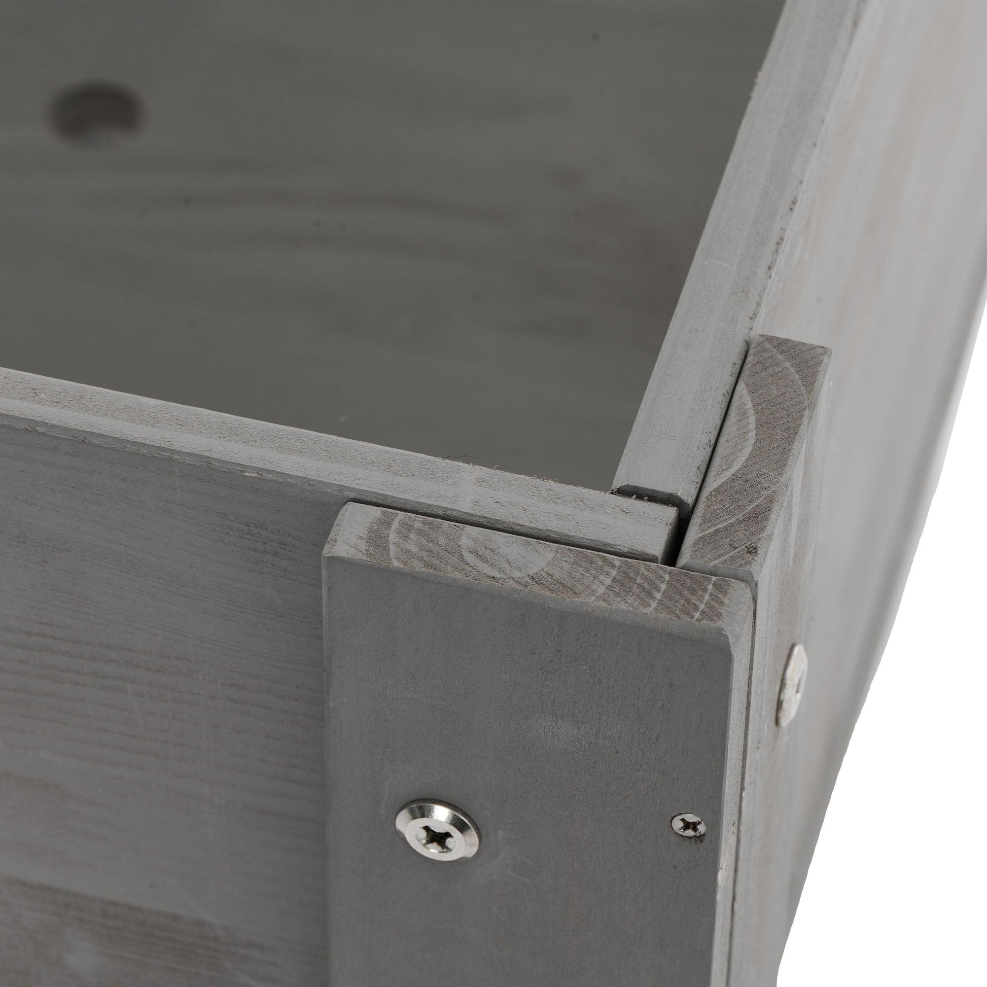 Raised Garden Bed With Legs wooden planter in weathered gray, shows corner joints on Tampa Home & Garden Store